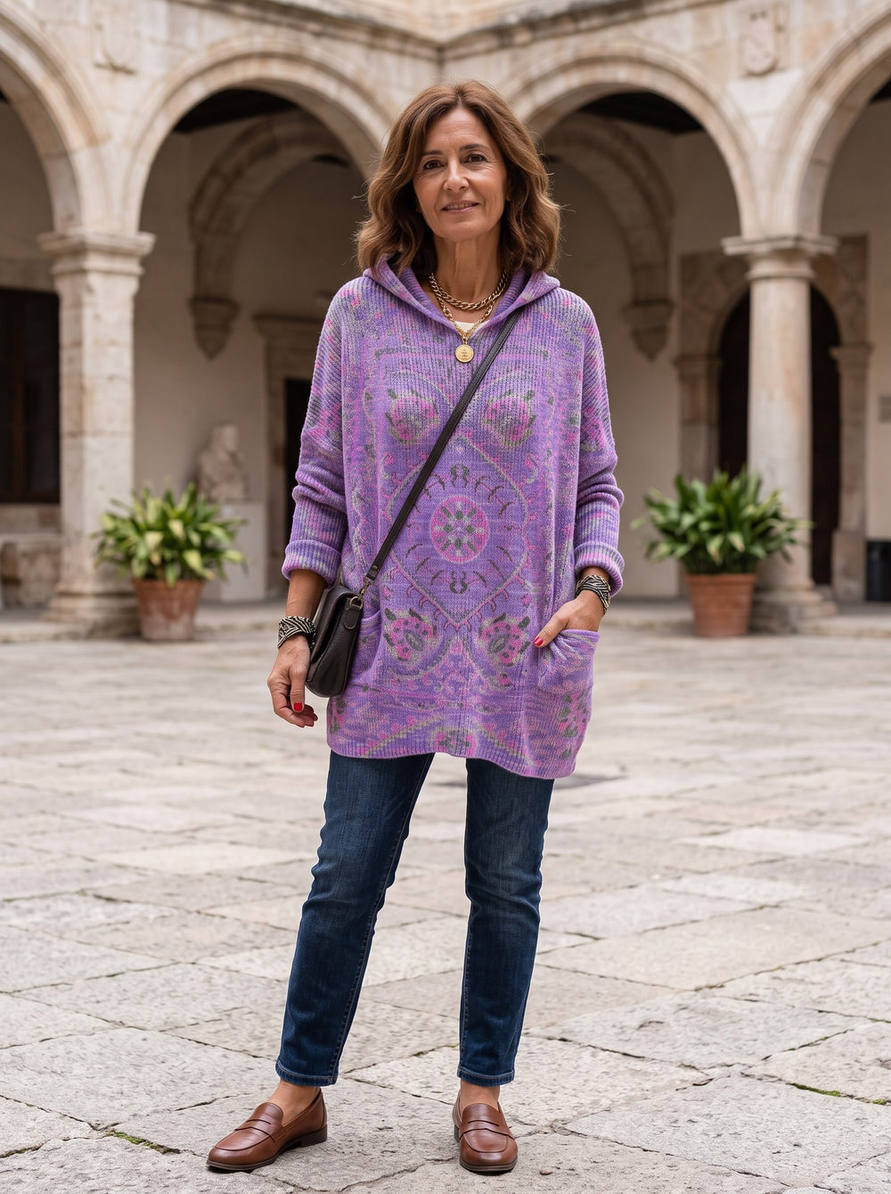 Alicia | Túnica con capucha de estampado retro - Morado