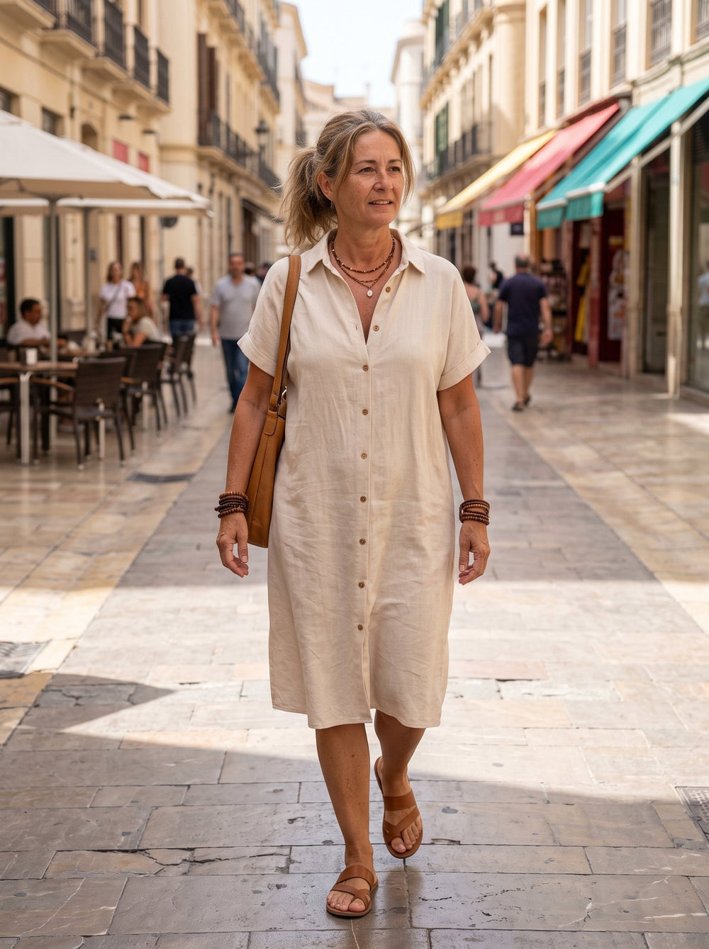 Evangeline, vestido camisero midi en color beige