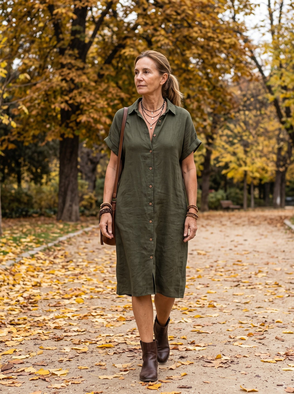 Evangeline, vestido camisero midi en color verde oliva