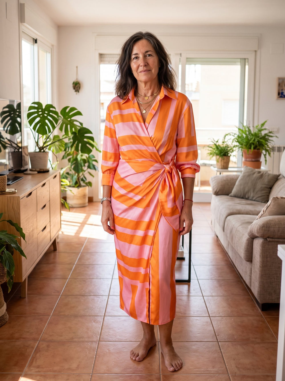 Amalfi, vestido midi favorecedor en color naranja y rosa