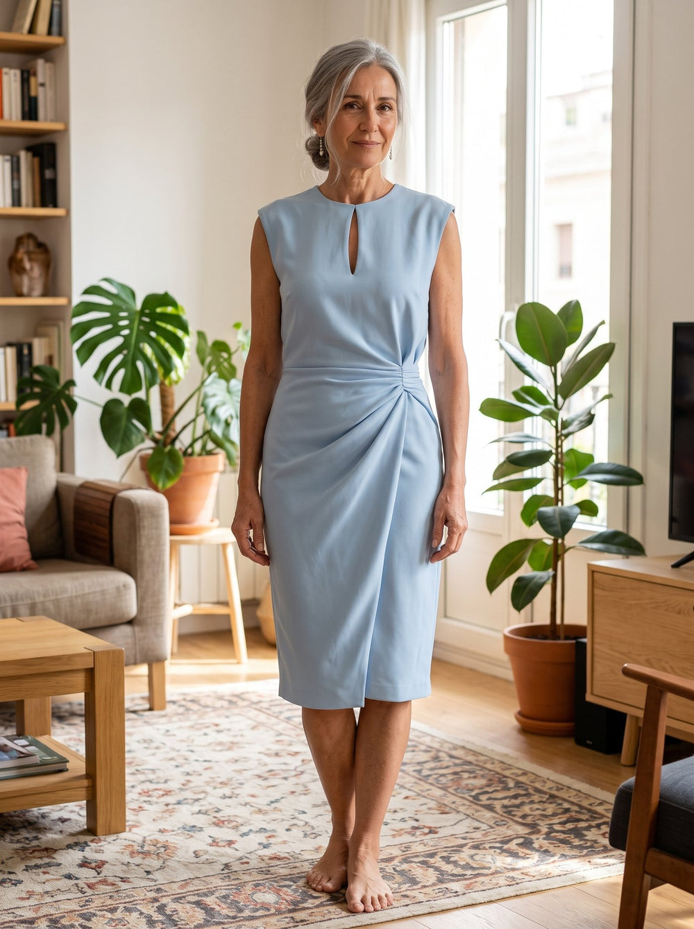 Elodie, vestido midi drapeado en color azul claro