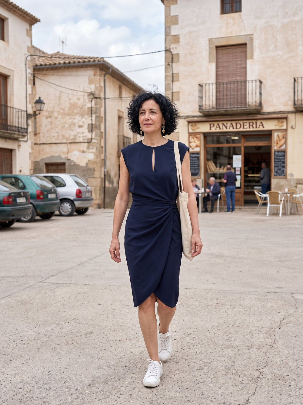 Elodie, vestido midi drapeado en color azul marino