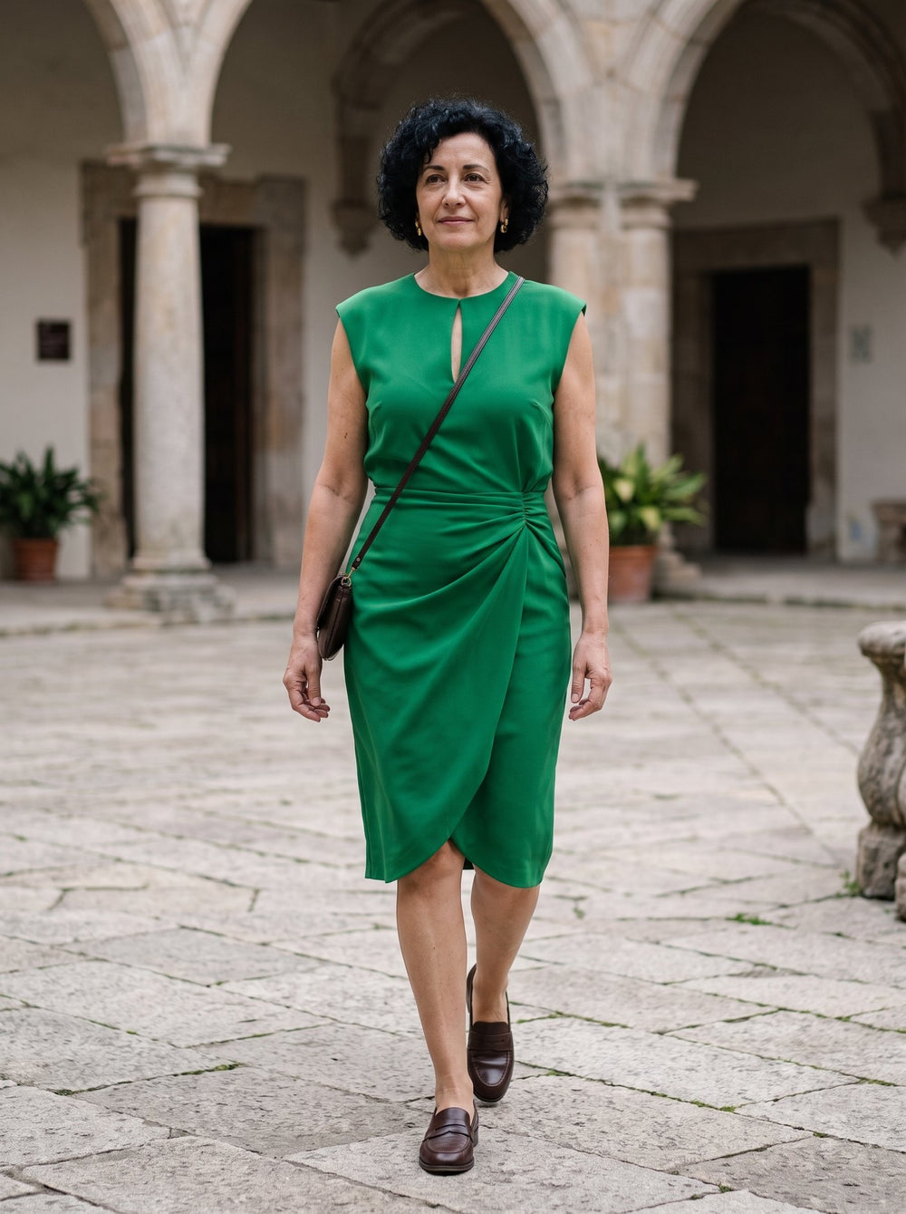 Elodie, vestido midi drapeado en color verde
