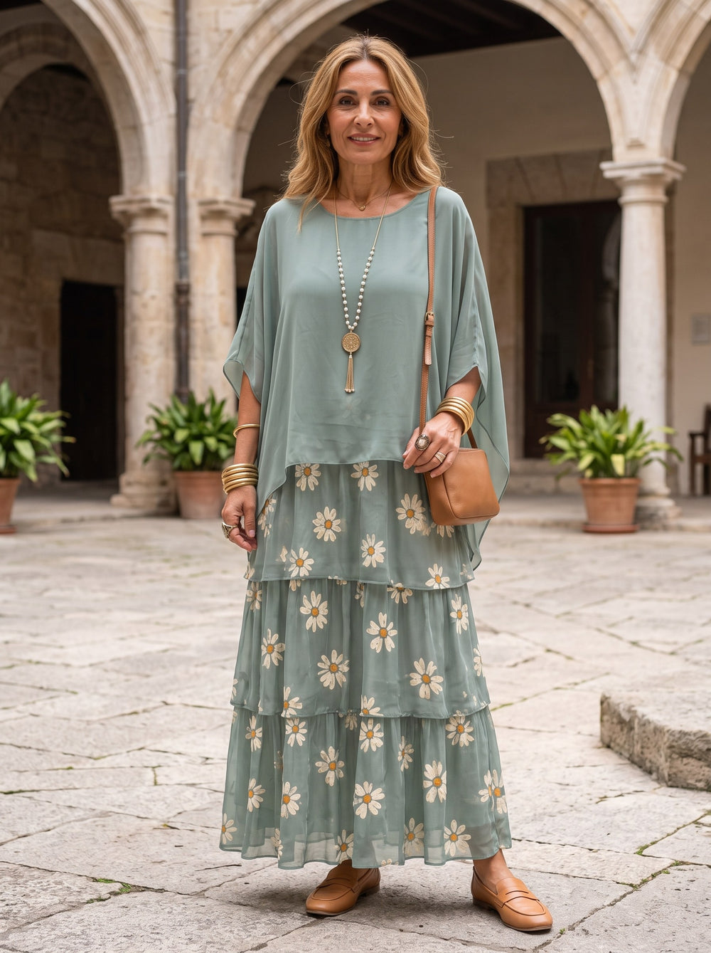 Larissa | Vestido largo con caída - Verde desvaído