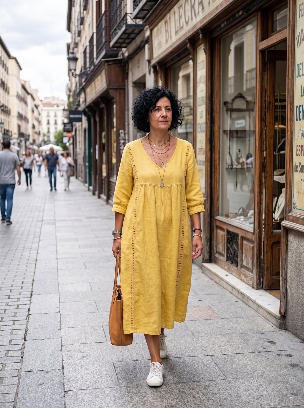 Valeria, vestido midi cómodo en color amarillo
