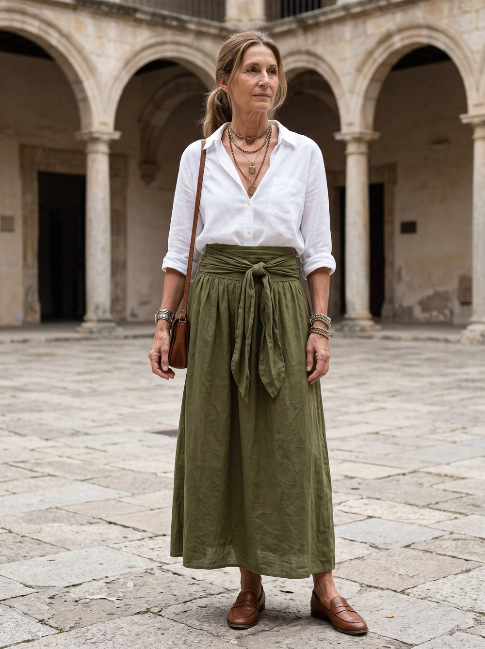Verano | Conjunto de falda midi - Blanco y verde