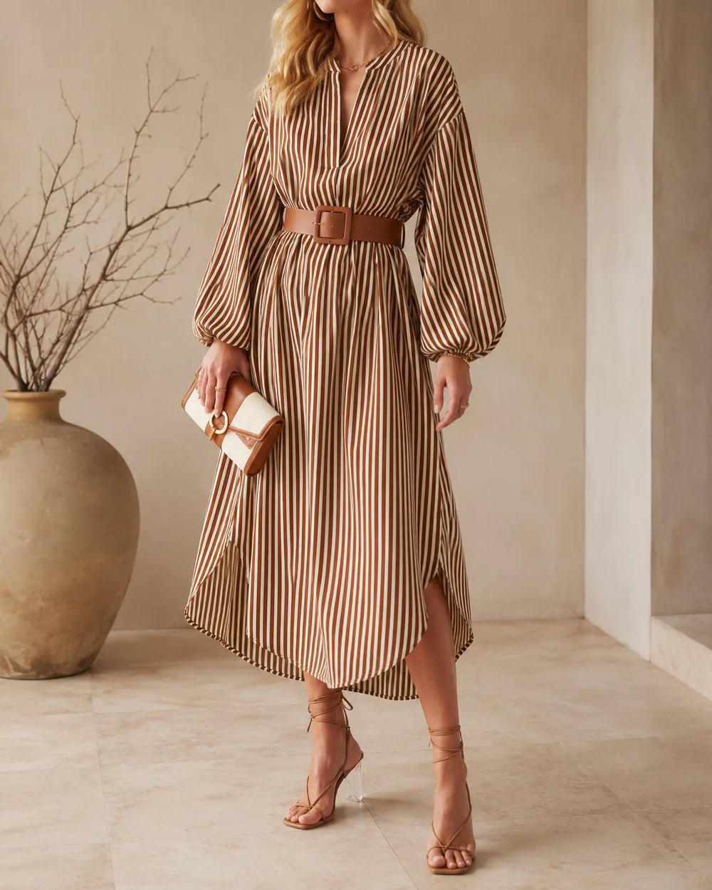 Sienna | Vestido camisero midi a rayas con cinturón