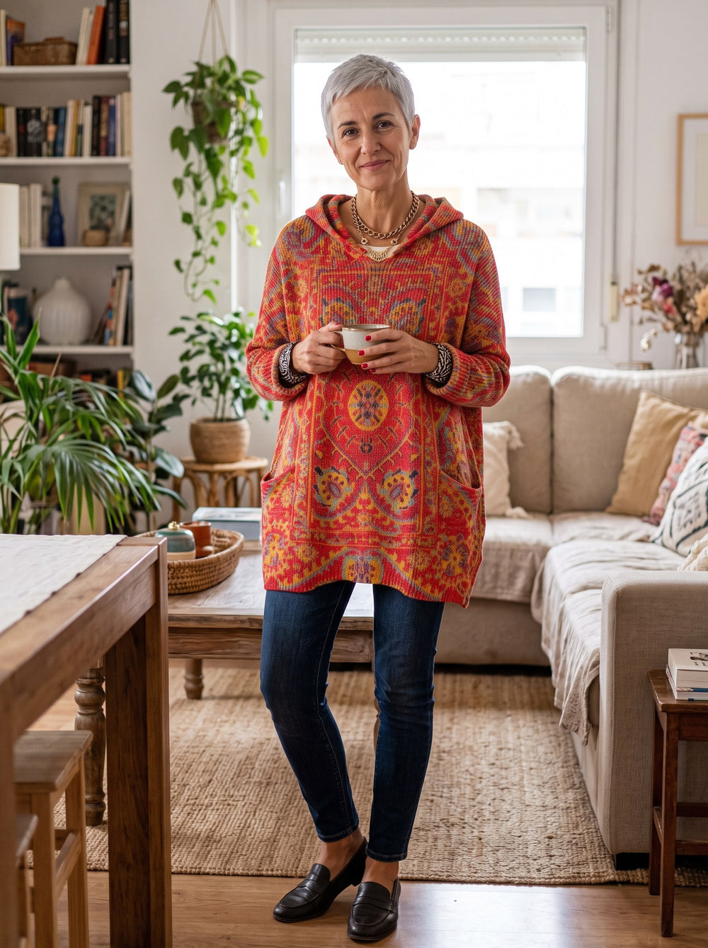 Alicia | Túnica con capucha de estampado retro - Rojo