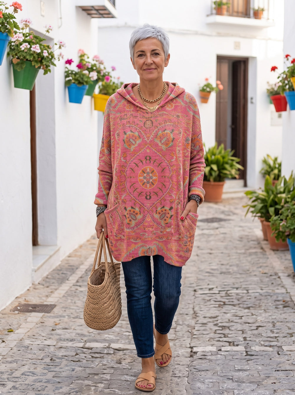 Alicia | Túnica con capucha de estampado retro - Rosa