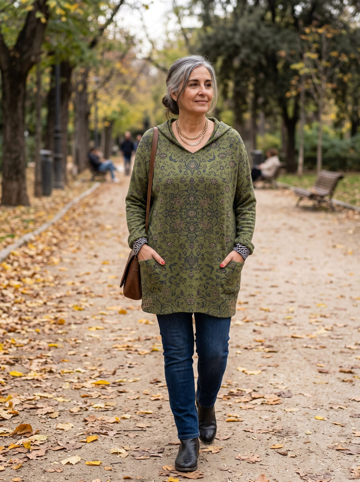 Alicia | Túnica con capucha de estampado retro - Verde