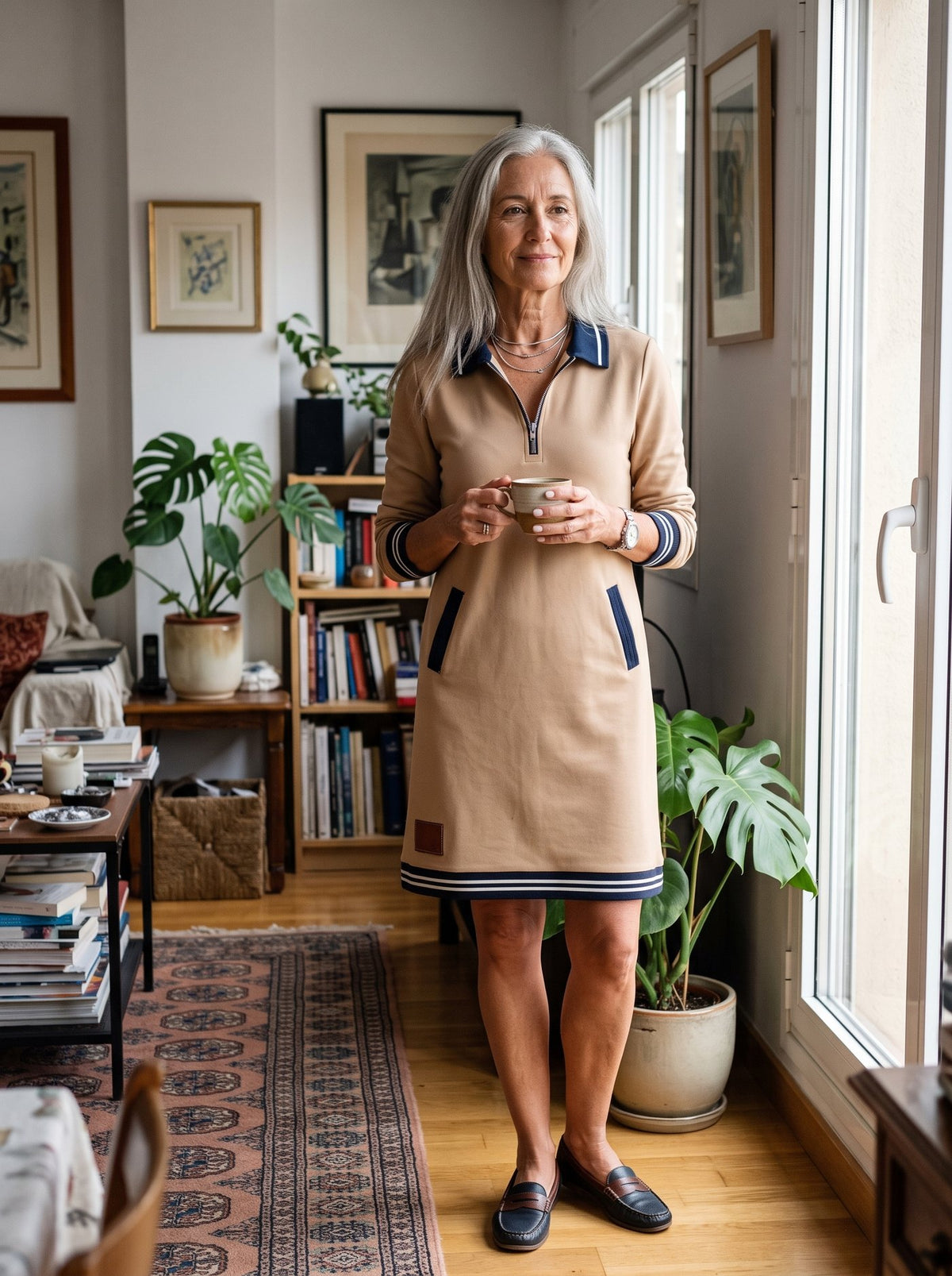 Harper, vestido con cuello y cremallera en color beige