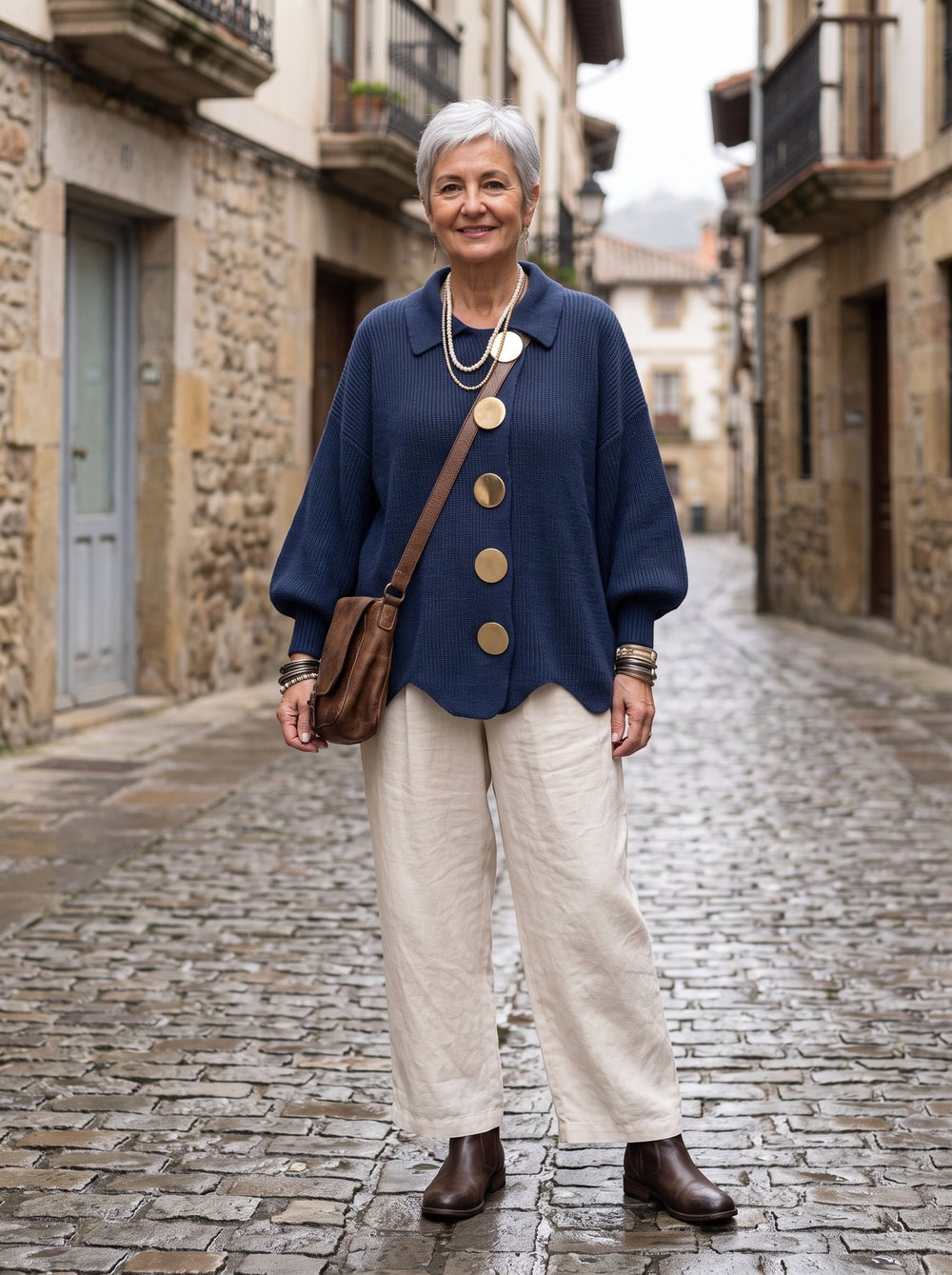 Isolde, chaqueta de punto oversize con botones en color azul marino
