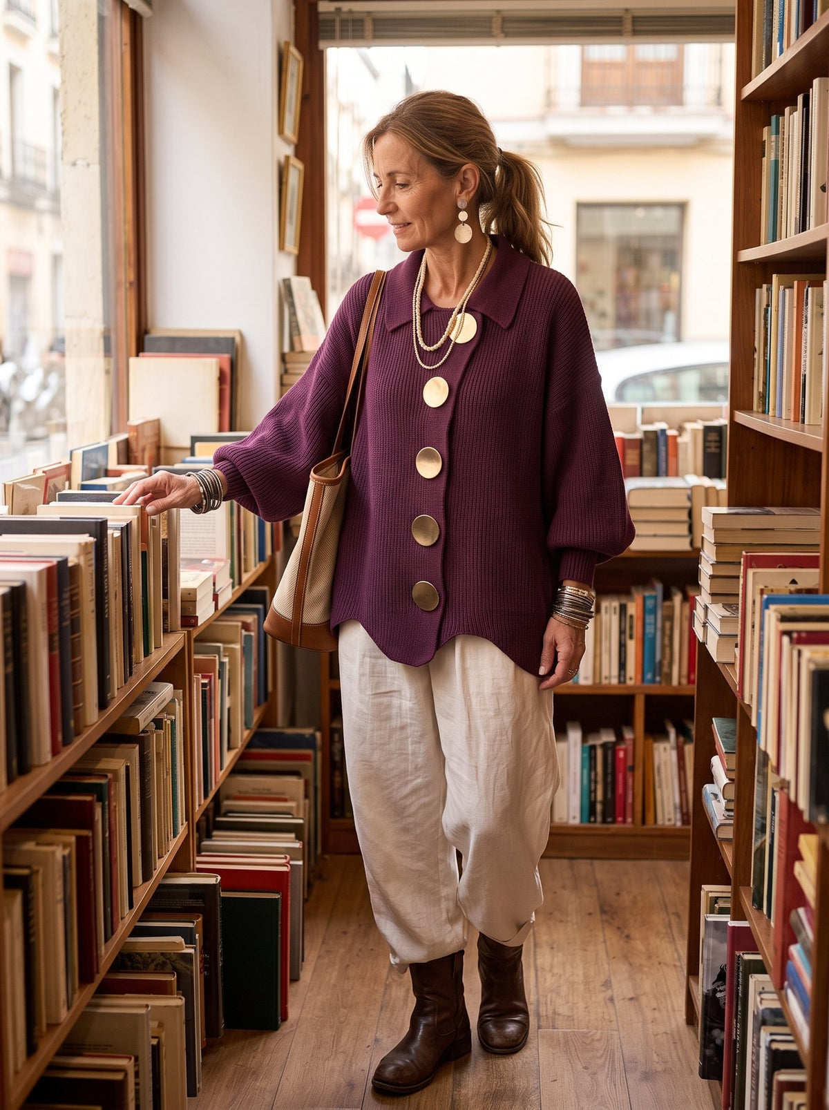 Isolde, chaqueta de punto oversize con botones en color vino