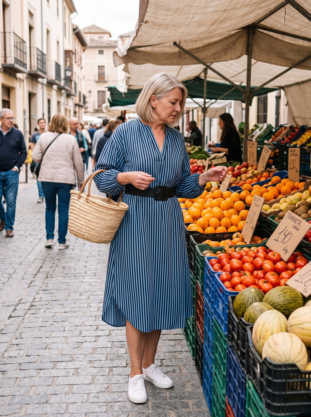 Sienna, vestido camisero midi a rayas con cinturón en color azul