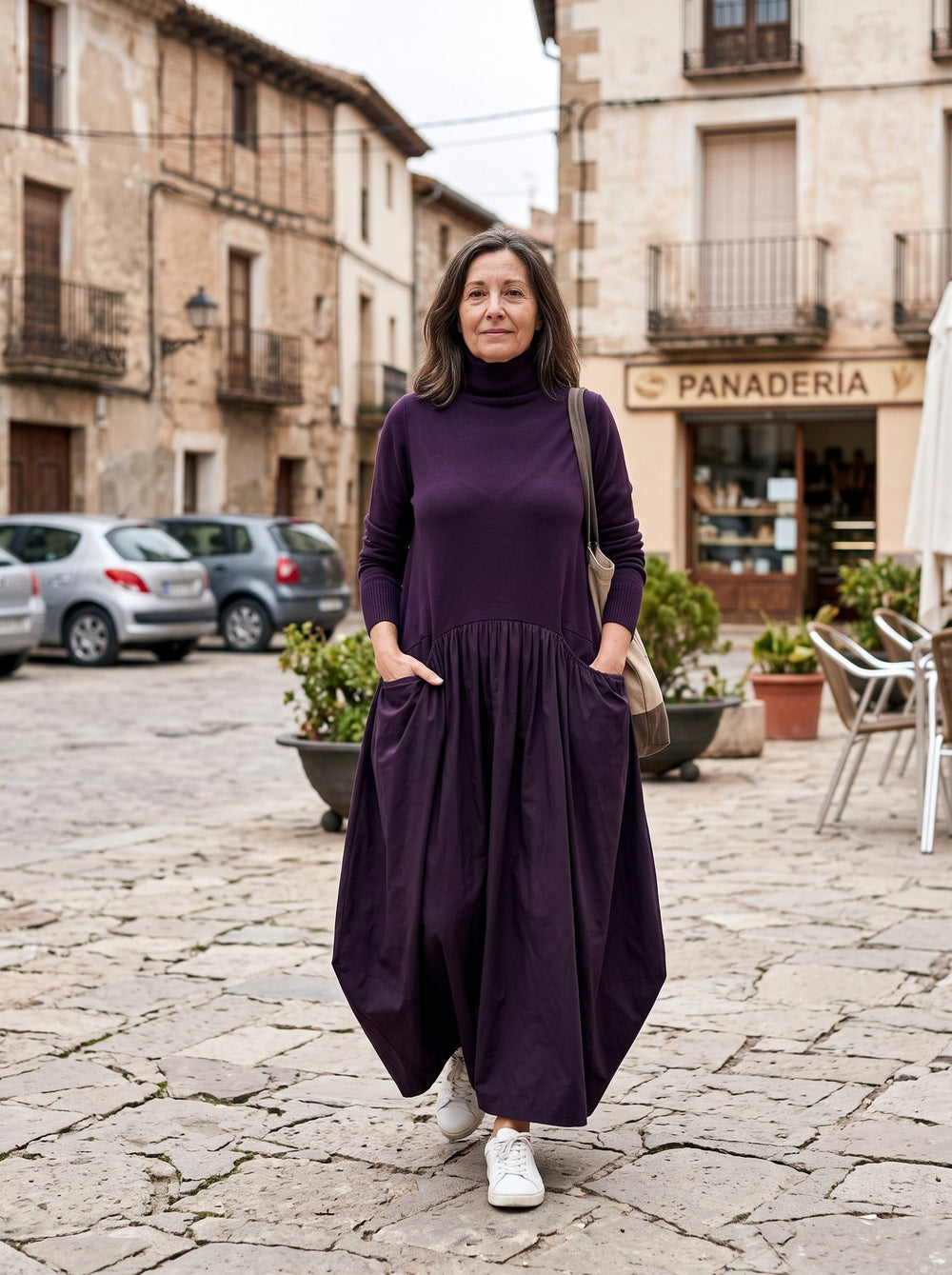 Sloane, vestido largo de cuello alto con bolsillos en color morado oscuro