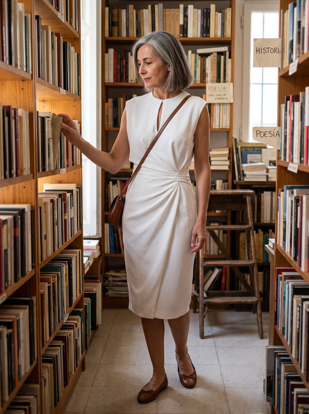 Elodie, vestido midi drapeado en color blanco