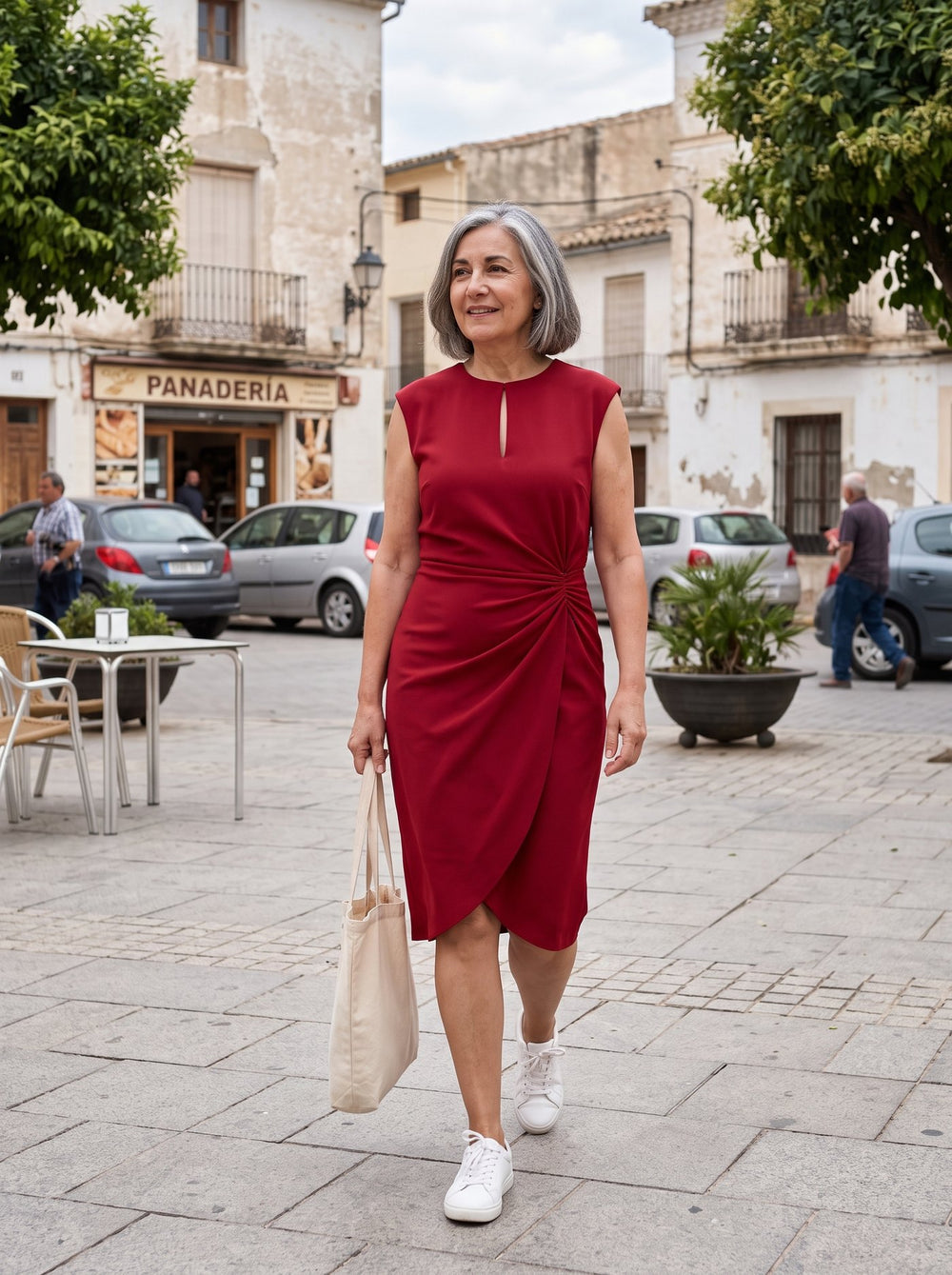 Elodie, vestido midi drapeado en color rojo