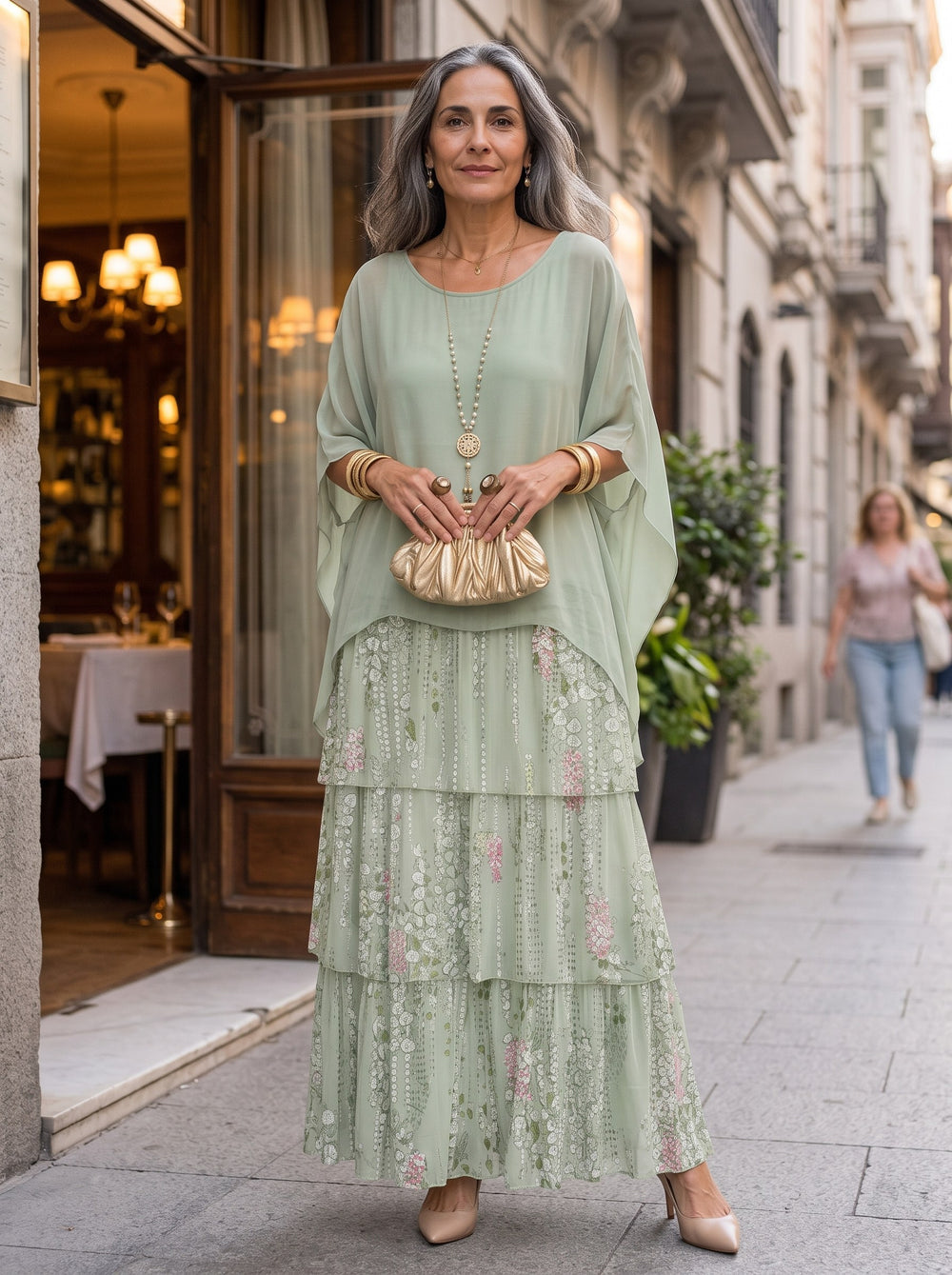 Larissa | Vestido largo con caída - Verde blanquecino