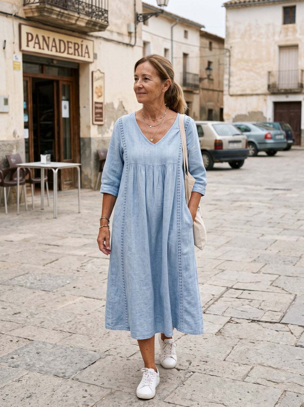 Valeria, vestido midi cómodo en color azul claro