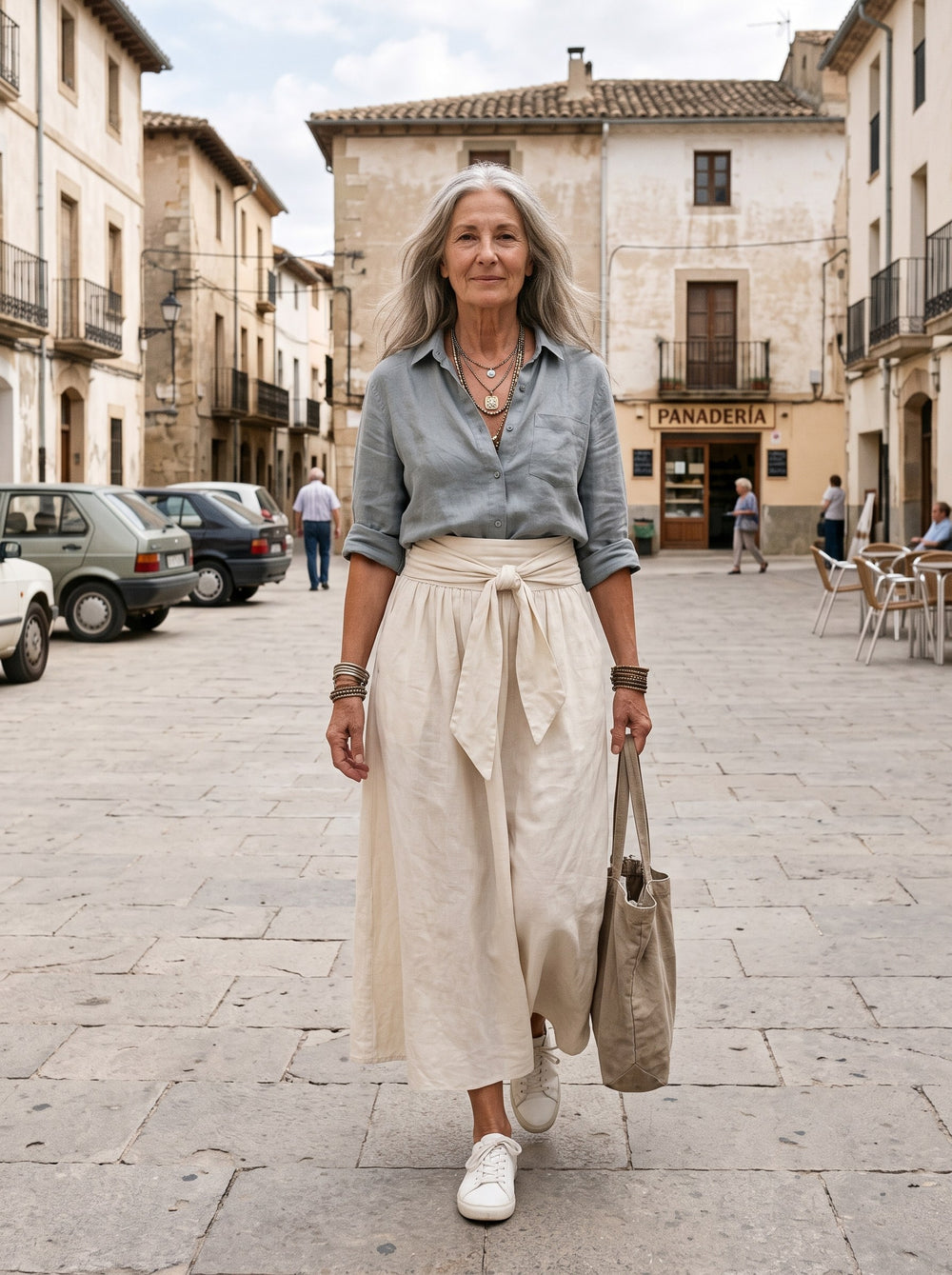 Verano | Conjunto de falda midi - Blanco y gris