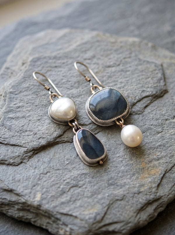 Marina | Pendientes vintage de piedra azul con perlas